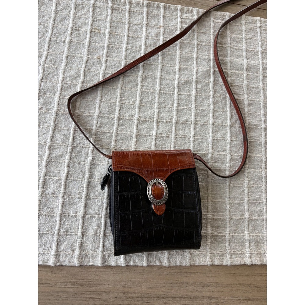 Brighton Croc Embossed Leather Crossbody Wallet Bag Black Brown Western Buckle